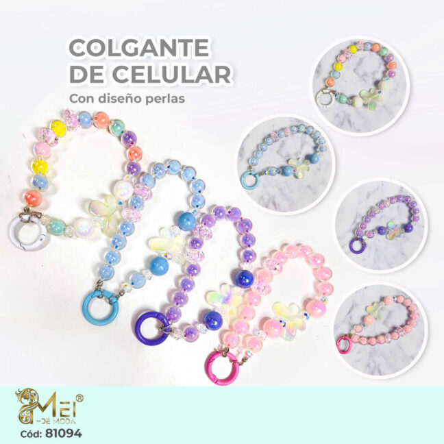 Colgante de Celular con Perlas y Mariposas Tornasol