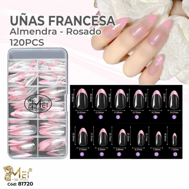 Uñas Francesa Almendra Rosa 120pcs